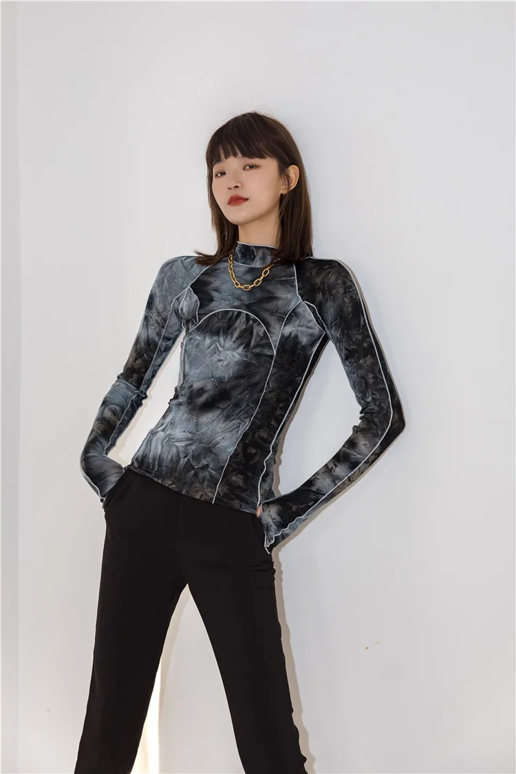 CHEERART Tie Dye Grey Black Turtleneck Woman Tshirts Bodycon Long Sleeve Top Women Fall Fashion Tee Shirt Femme Clothing
