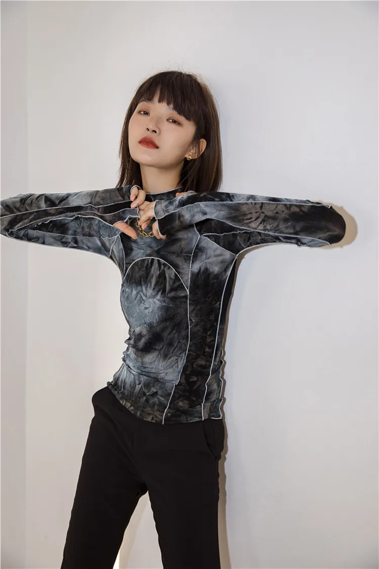 CHEERART Tie Dye Grey Black Turtleneck Woman Tshirts Bodycon Long Sleeve Top Women Fall Fashion Tee Shirt Femme Clothing