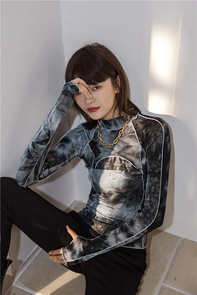 CHEERART Tie Dye Grey Black Turtleneck Woman Tshirts Bodycon Long Sleeve Top Women Fall Fashion Tee Shirt Femme Clothing