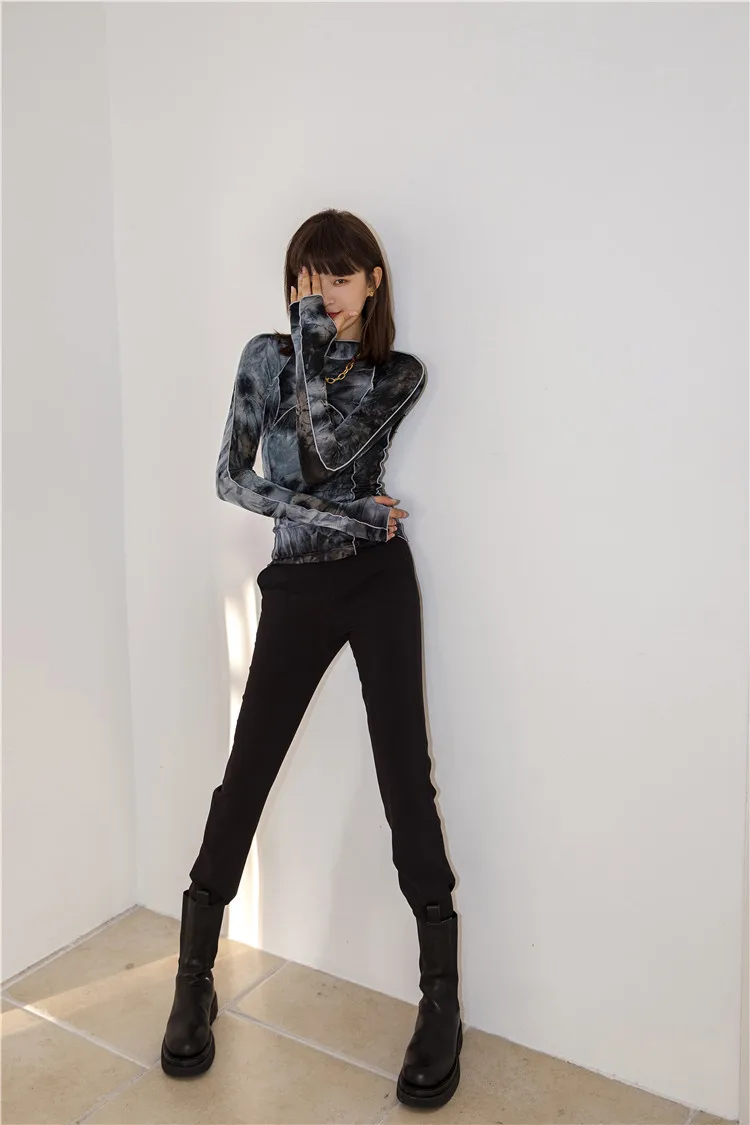 CHEERART Tie Dye Grey Black Turtleneck Woman Tshirts Bodycon Long Sleeve Top Women Fall Fashion Tee Shirt Femme Clothing