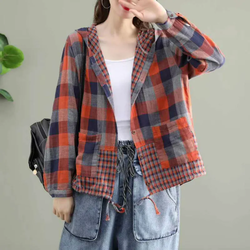 Amax LuluE 2024 Fashion Korean Spring Clothes Womens Plaid Hooded Shirts Ladies Linen Loose Blouses Female Casual Oversized Tops