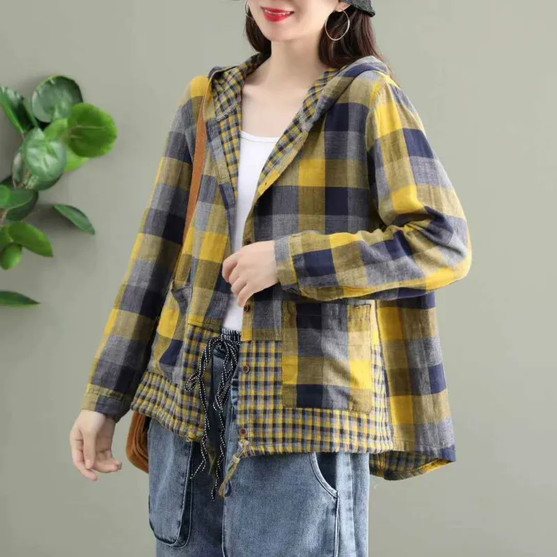 Amax LuluE 2024 Fashion Korean Spring Clothes Womens Plaid Hooded Shirts Ladies Linen Loose Blouses Female Casual Oversized Tops