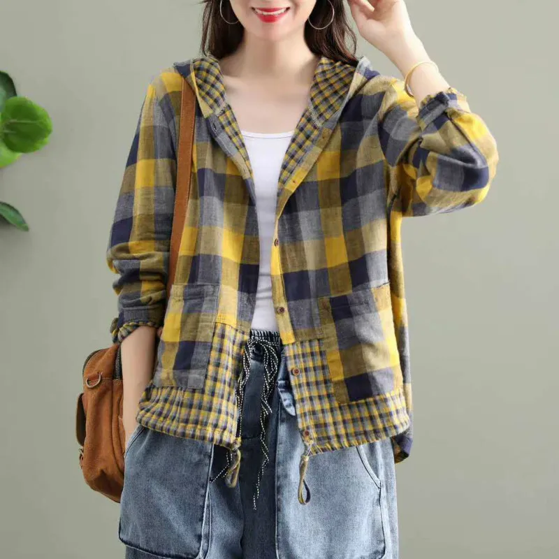 Amax LuluE 2024 Fashion Korean Spring Clothes Womens Plaid Hooded Shirts Ladies Linen Loose Blouses Female Casual Oversized Tops