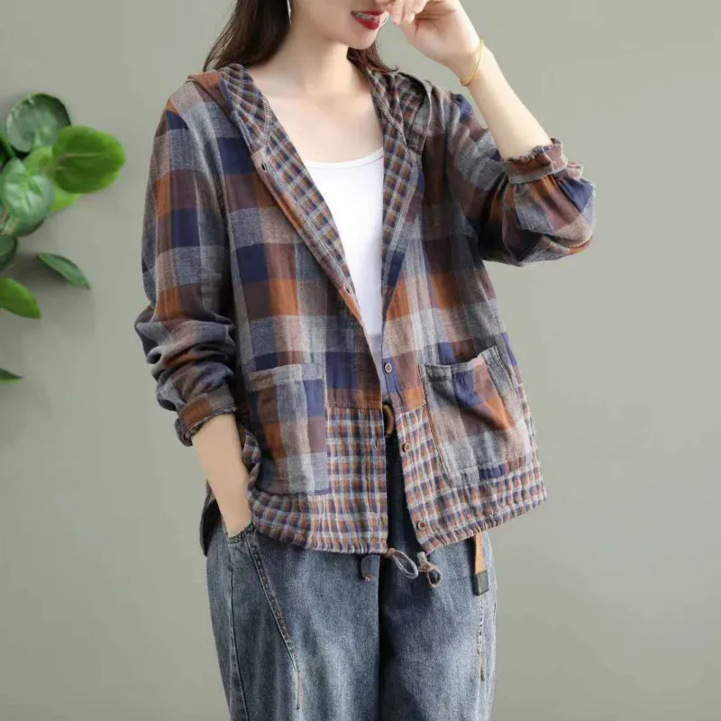 Amax LuluE 2024 Fashion Korean Spring Clothes Womens Plaid Hooded Shirts Ladies Linen Loose Blouses Female Casual Oversized Tops