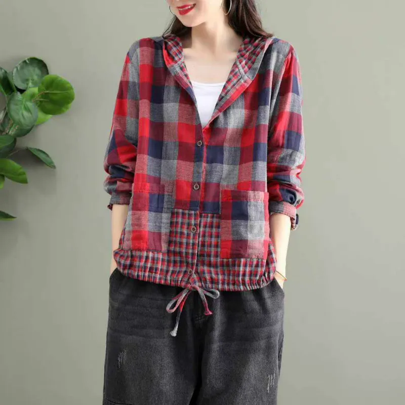 Amax LuluE 2024 Fashion Korean Spring Clothes Womens Plaid Hooded Shirts Ladies Linen Loose Blouses Female Casual Oversized Tops