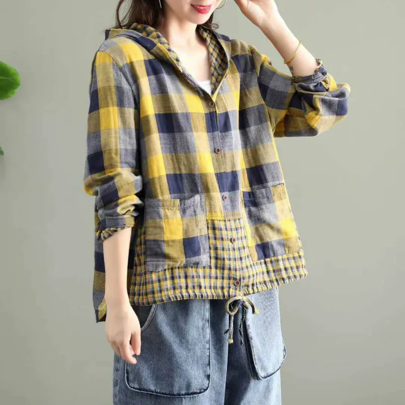 Amax LuluE 2024 Fashion Korean Spring Clothes Womens Plaid Hooded Shirts Ladies Linen Loose Blouses Female Casual Oversized Tops