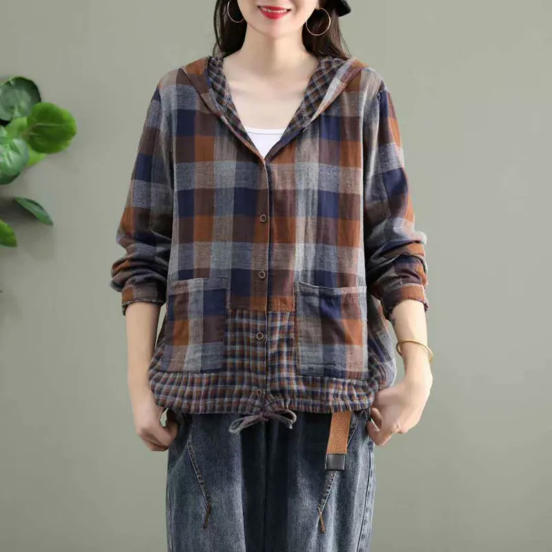 Amax LuluE 2024 Fashion Korean Spring Clothes Womens Plaid Hooded Shirts Ladies Linen Loose Blouses Female Casual Oversized Tops