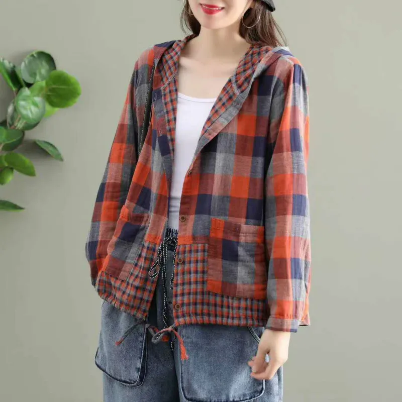 Amax LuluE 2024 Fashion Korean Spring Clothes Womens Plaid Hooded Shirts Ladies Linen Loose Blouses Female Casual Oversized Tops