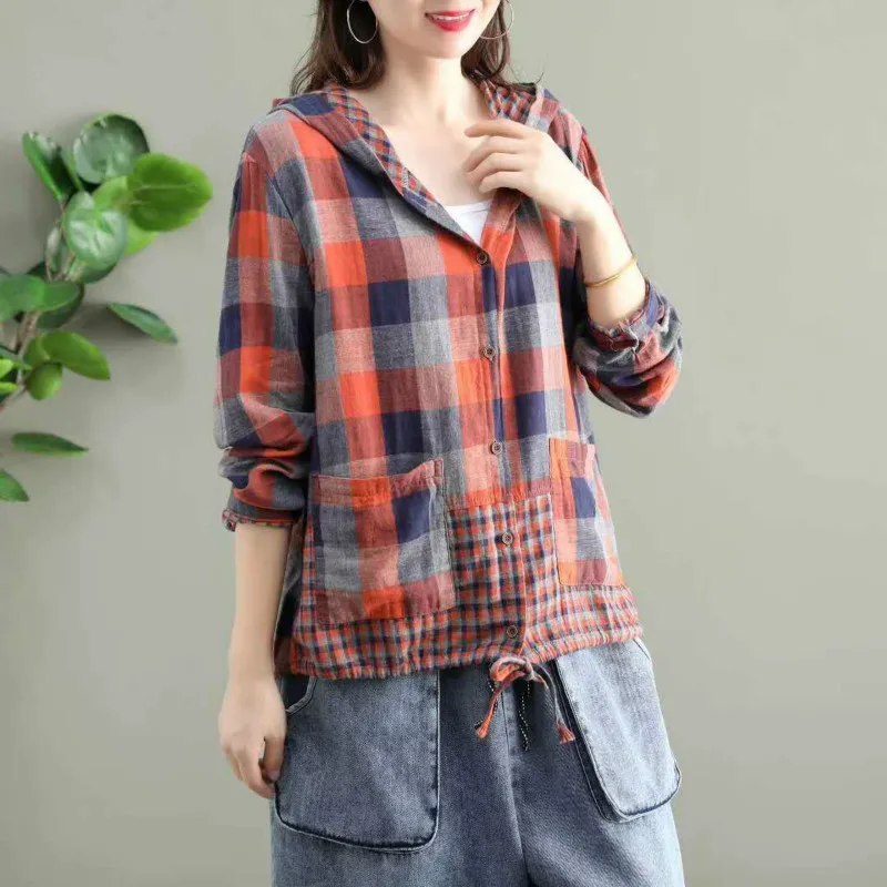 Amax LuluE 2024 Fashion Korean Spring Clothes Womens Plaid Hooded Shirts Ladies Linen Loose Blouses Female Casual Oversized Tops
