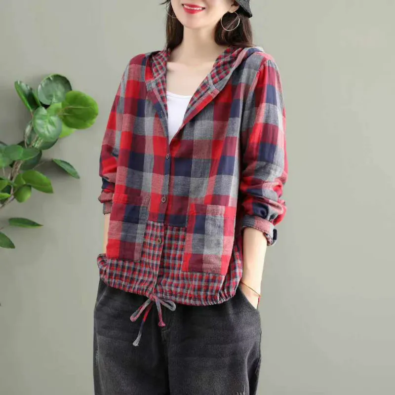 Amax LuluE 2024 Fashion Korean Spring Clothes Womens Plaid Hooded Shirts Ladies Linen Loose Blouses Female Casual Oversized Tops