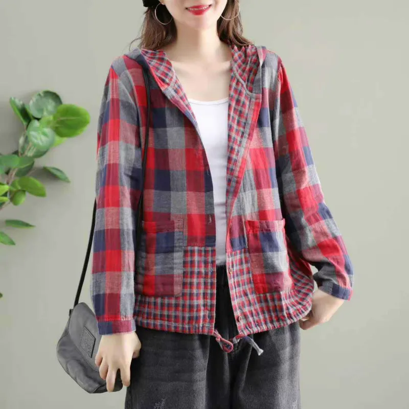 Amax LuluE 2024 Fashion Korean Spring Clothes Womens Plaid Hooded Shirts Ladies Linen Loose Blouses Female Casual Oversized Tops
