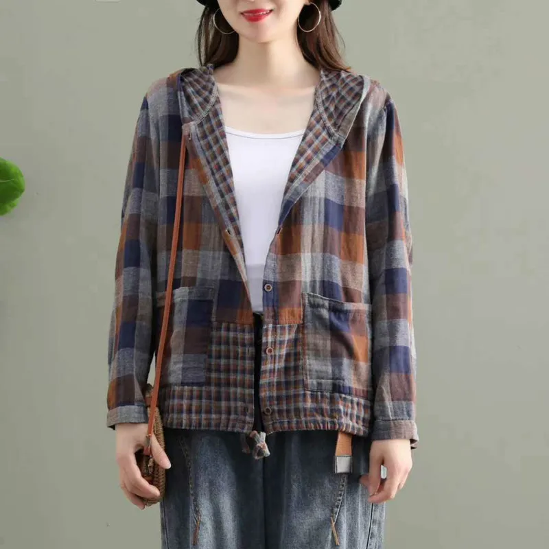 Amax LuluE 2024 Fashion Korean Spring Clothes Womens Plaid Hooded Shirts Ladies Linen Loose Blouses Female Casual Oversized Tops