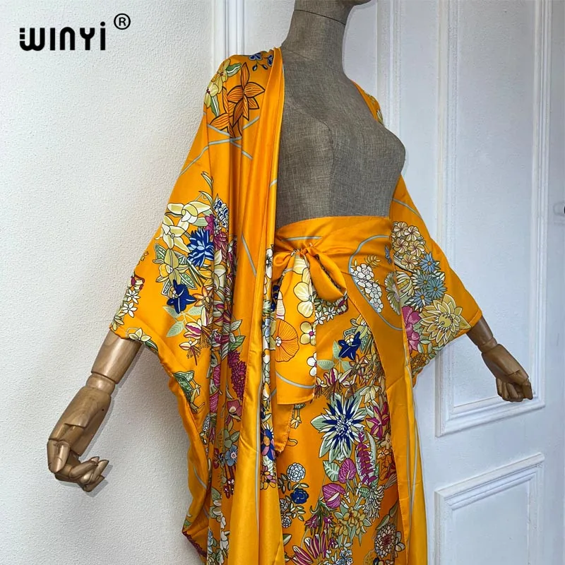 WINYI new summer cardigan beach Long dress two-piece suit for women Bohemian Print maxi Dress Women Floor Length vacation kimono