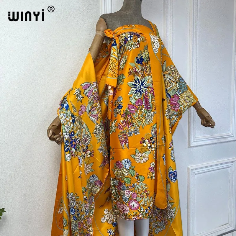 WINYI new summer cardigan beach Long dress two-piece suit for women Bohemian Print maxi Dress Women Floor Length vacation kimono