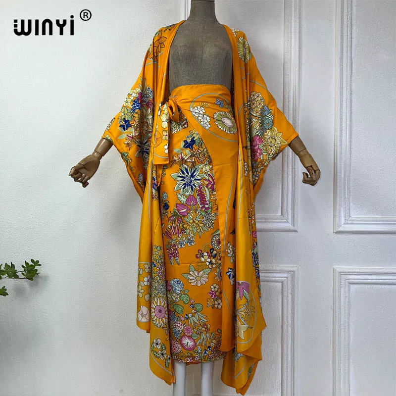 WINYI new summer cardigan beach Long dress two-piece suit for women Bohemian Print maxi Dress Women Floor Length vacation kimono