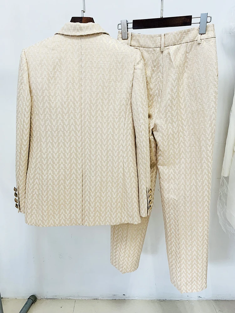 HIGH STREET Newest Fashion 2026 Designer Suit Set Women's Monogram Jacquard Blazer Pants Set 2pcs