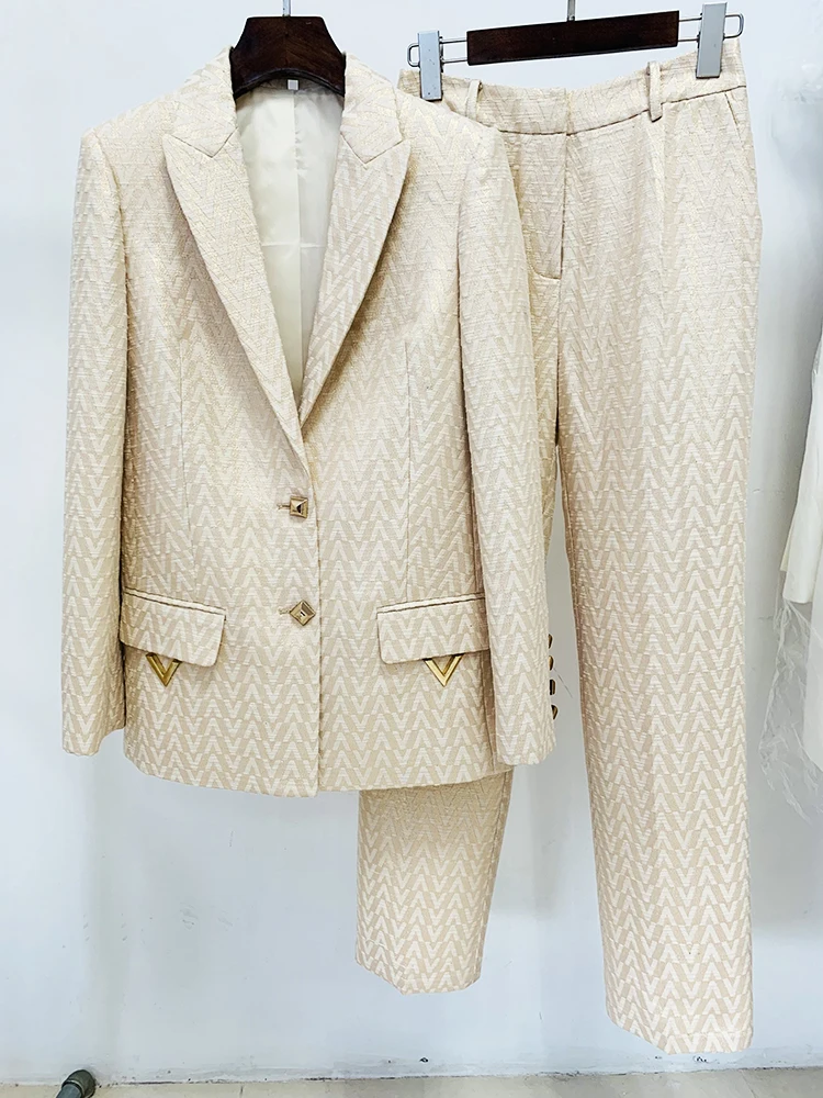 HIGH STREET Newest Fashion 2026 Designer Suit Set Women's Monogram Jacquard Blazer Pants Set 2pcs