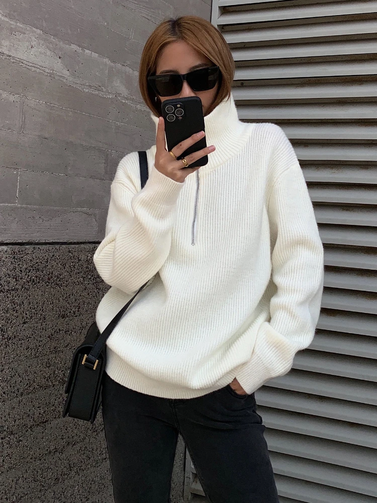 Winter Women's Turtleneck Knitted Fashion Zippers Sweaters Oversized Solid Gray Black Casual Long Sleeve Pullovers for Women