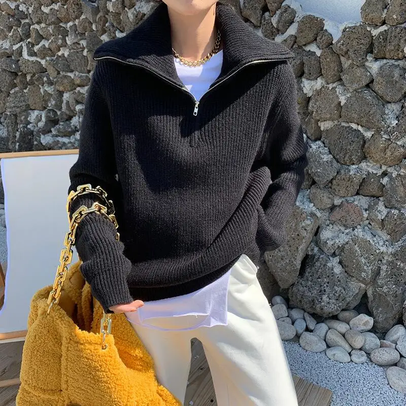 Winter Women's Turtleneck Knitted Fashion Zippers Sweaters Oversized Solid Gray Black Casual Long Sleeve Pullovers for Women