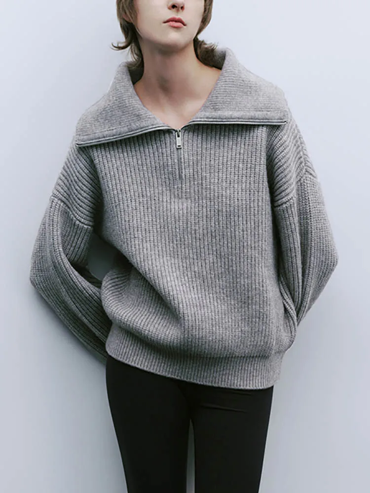Winter Women's Turtleneck Knitted Fashion Zippers Sweaters Oversized Solid Gray Black Casual Long Sleeve Pullovers for Women