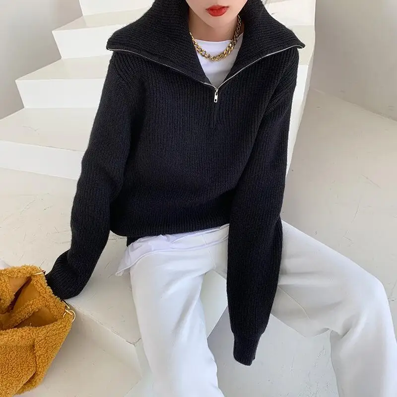 Winter Women's Turtleneck Knitted Fashion Zippers Sweaters Oversized Solid Gray Black Casual Long Sleeve Pullovers for Women