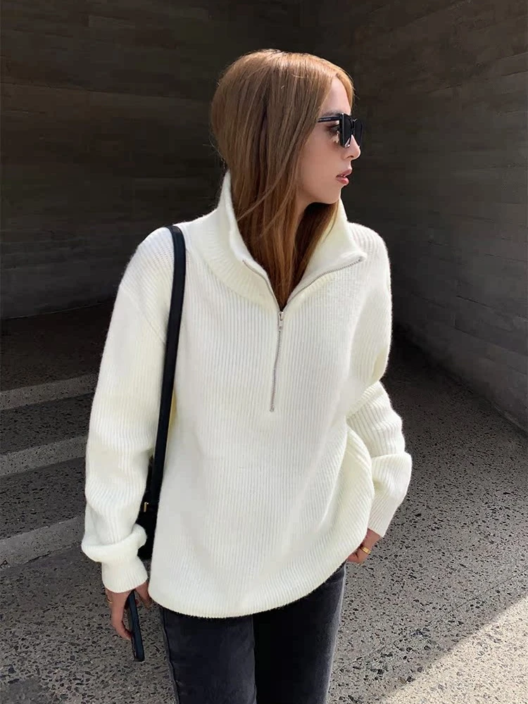 Winter Women's Turtleneck Knitted Fashion Zippers Sweaters Oversized Solid Gray Black Casual Long Sleeve Pullovers for Women