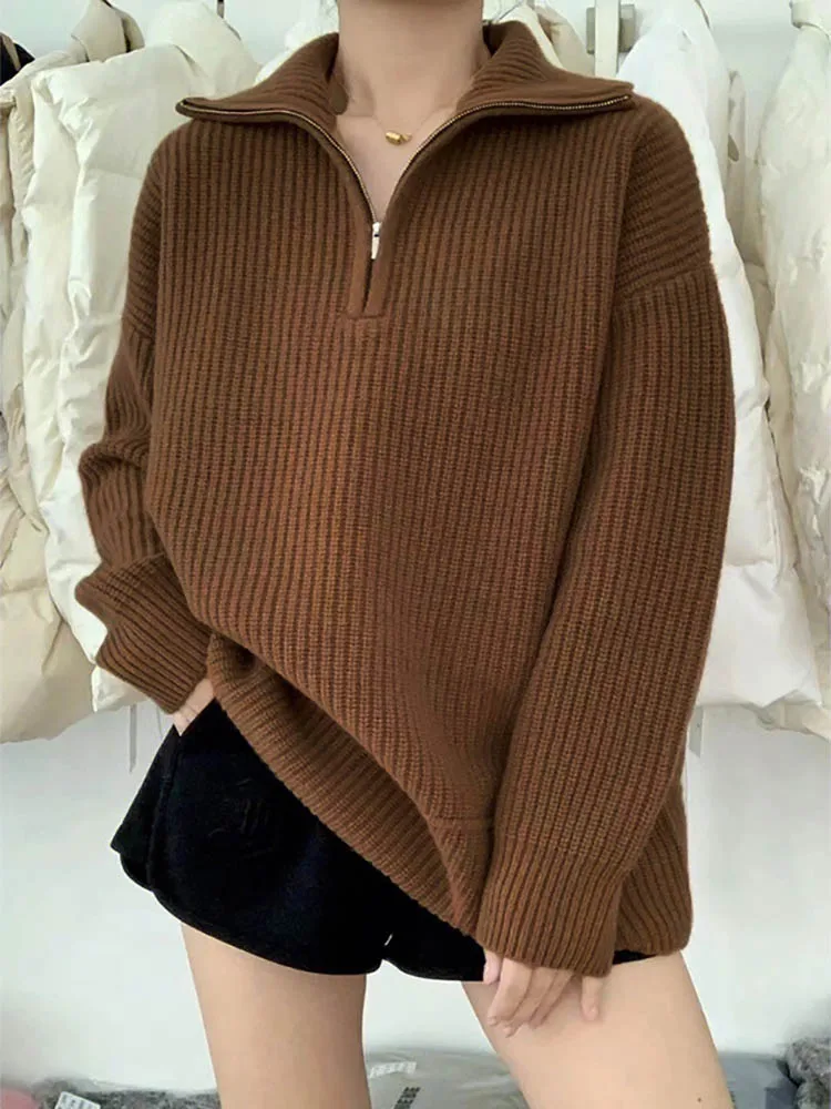 Winter Women's Turtleneck Knitted Fashion Zippers Sweaters Oversized Solid Gray Black Casual Long Sleeve Pullovers for Women
