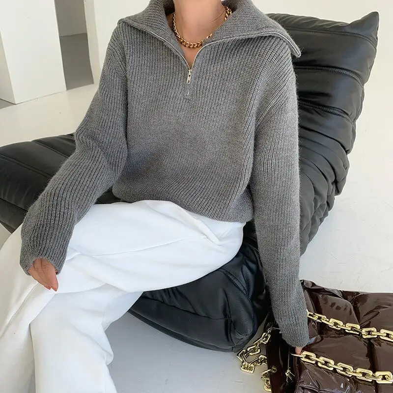 Winter Women's Turtleneck Knitted Fashion Zippers Sweaters Oversized Solid Gray Black Casual Long Sleeve Pullovers for Women