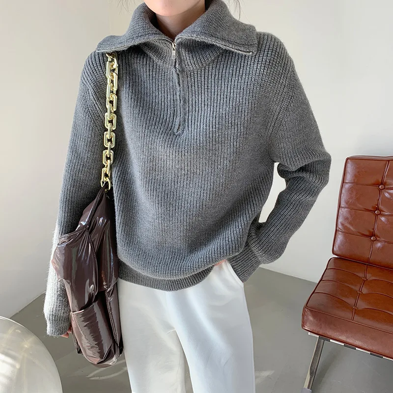 Winter Women's Turtleneck Knitted Fashion Zippers Sweaters Oversized Solid Gray Black Casual Long Sleeve Pullovers for Women