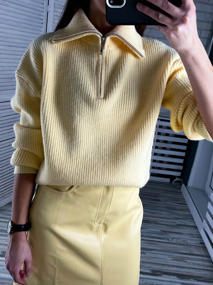 Winter Women's Turtleneck Knitted Fashion Zippers Sweaters Oversized Solid Gray Black Casual Long Sleeve Pullovers for Women