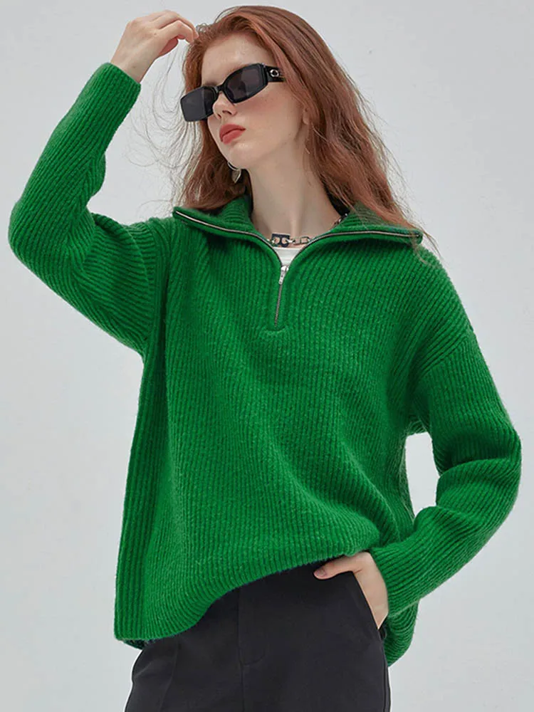 Winter Women's Turtleneck Knitted Fashion Zippers Sweaters Oversized Solid Gray Black Casual Long Sleeve Pullovers for Women
