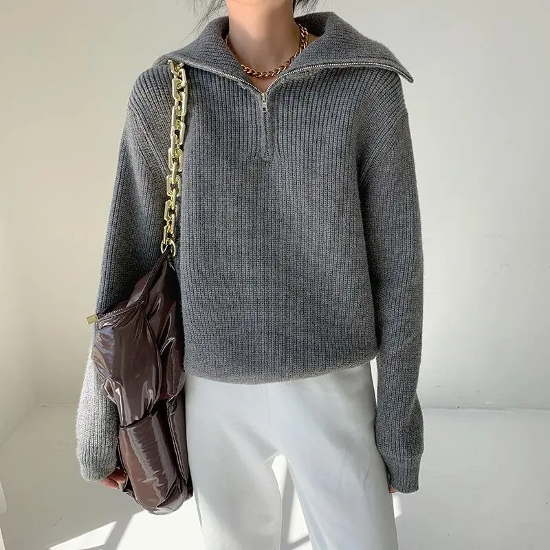 Winter Women's Turtleneck Knitted Fashion Zippers Sweaters Oversized Solid Gray Black Casual Long Sleeve Pullovers for Women