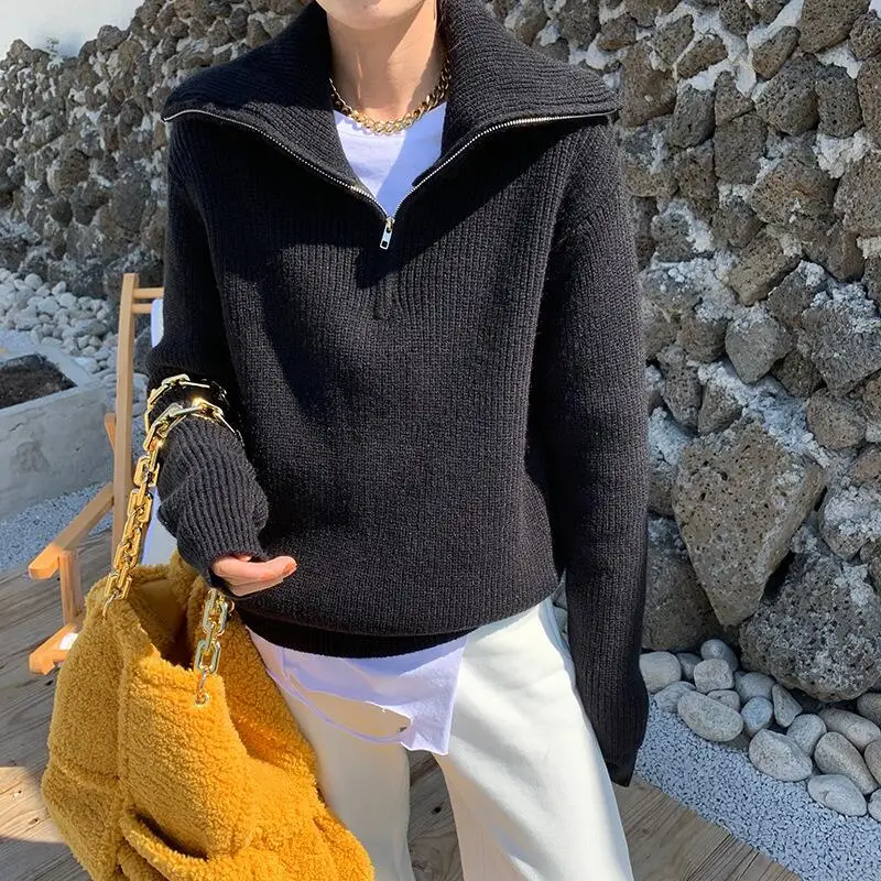 Winter Women's Turtleneck Knitted Fashion Zippers Sweaters Oversized Solid Gray Black Casual Long Sleeve Pullovers for Women