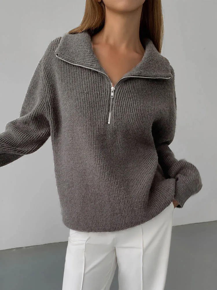 Winter Women's Turtleneck Knitted Fashion Zippers Sweaters Oversized Solid Gray Black Casual Long Sleeve Pullovers for Women