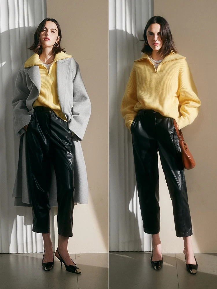 Winter Women's Turtleneck Knitted Fashion Zippers Sweaters Oversized Solid Gray Black Casual Long Sleeve Pullovers for Women