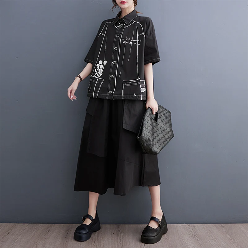 White Cotton Oversized Vintage Print Shirt Women New Drawstring Short Sleeve Loose Casual Blouse Top Fashion Clothes Summer 2026