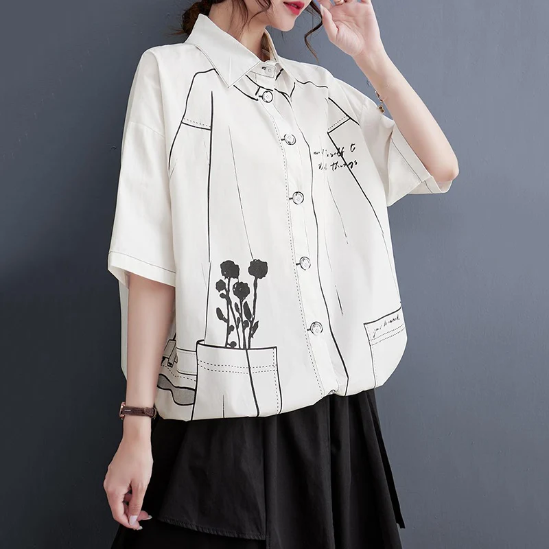 White Cotton Oversized Vintage Print Shirt Women New Drawstring Short Sleeve Loose Casual Blouse Top Fashion Clothes Summer 2026