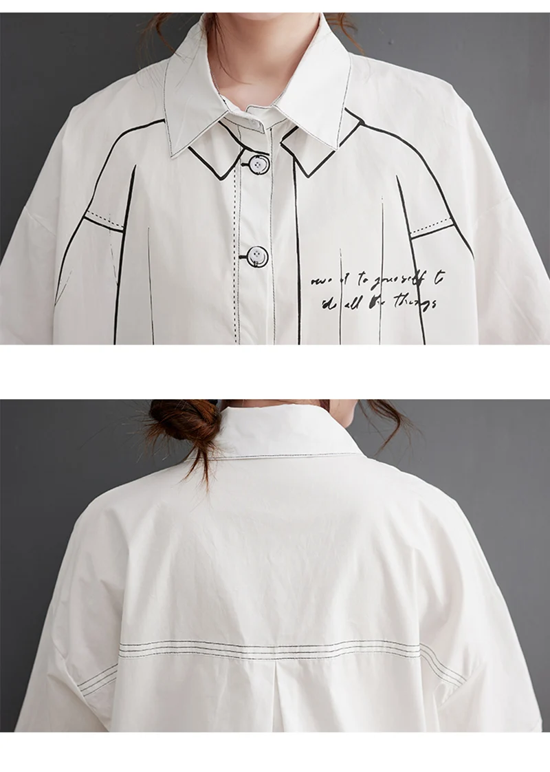 White Cotton Oversized Vintage Print Shirt Women New Drawstring Short Sleeve Loose Casual Blouse Top Fashion Clothes Summer 2026