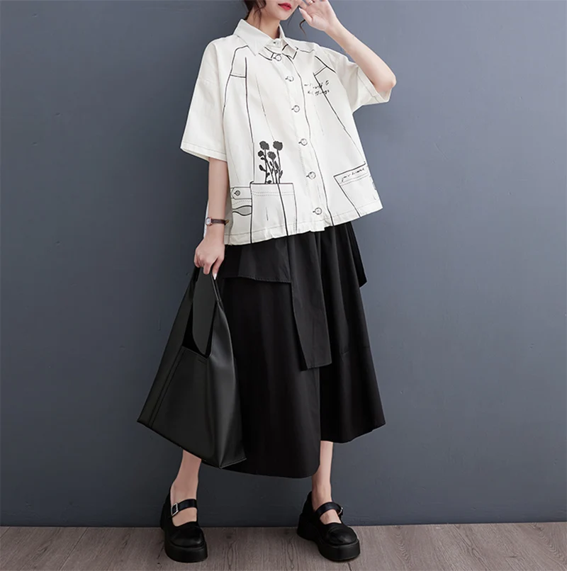 White Cotton Oversized Vintage Print Shirt Women New Drawstring Short Sleeve Loose Casual Blouse Top Fashion Clothes Summer 2026