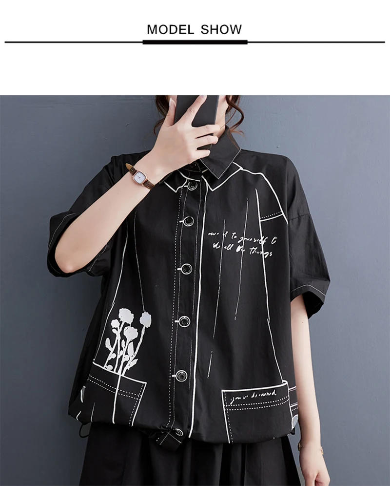 White Cotton Oversized Vintage Print Shirt Women New Drawstring Short Sleeve Loose Casual Blouse Top Fashion Clothes Summer 2026