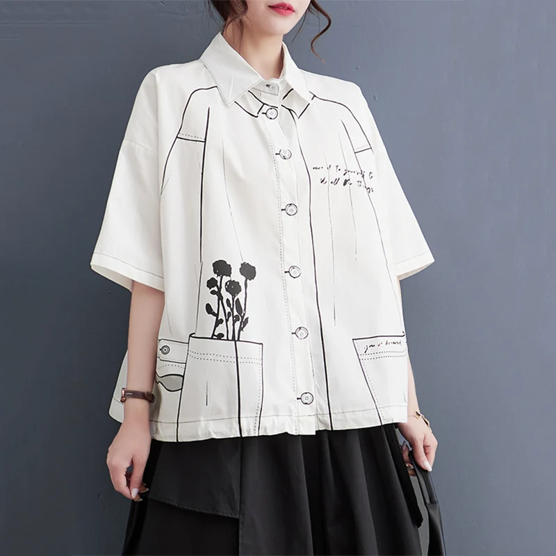 White Cotton Oversized Vintage Print Shirt Women New Drawstring Short Sleeve Loose Casual Blouse Top Fashion Clothes Summer 2026