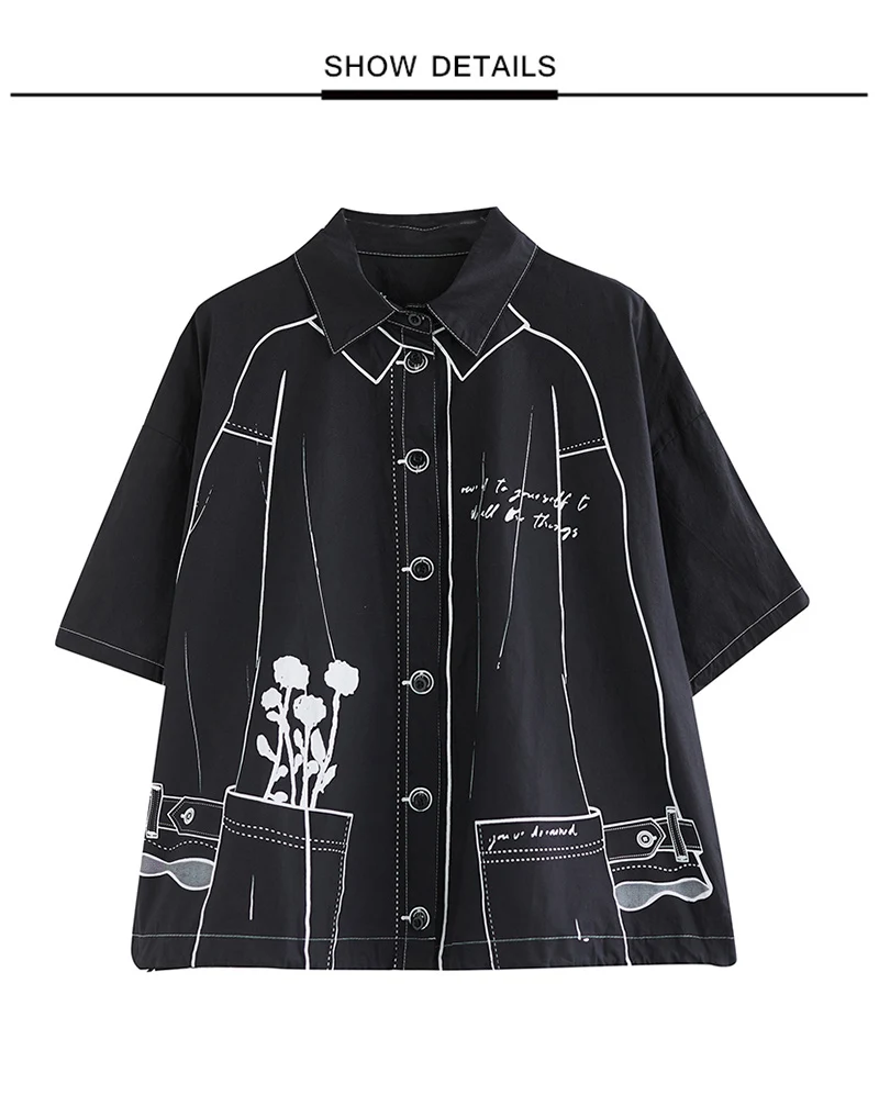 White Cotton Oversized Vintage Print Shirt Women New Drawstring Short Sleeve Loose Casual Blouse Top Fashion Clothes Summer 2026