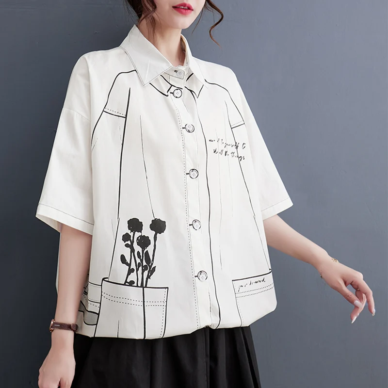 White Cotton Oversized Vintage Print Shirt Women New Drawstring Short Sleeve Loose Casual Blouse Top Fashion Clothes Summer 2026