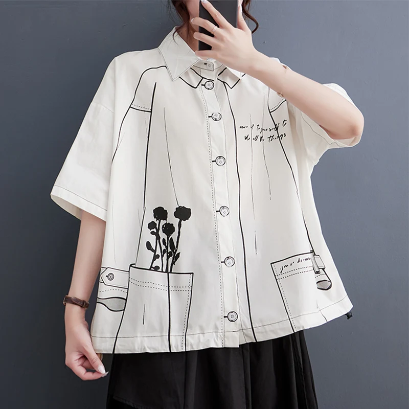 White Cotton Oversized Vintage Print Shirt Women New Drawstring Short Sleeve Loose Casual Blouse Top Fashion Clothes Summer 2026