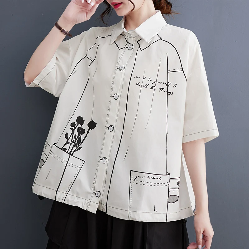 White Cotton Oversized Vintage Print Shirt Women New Drawstring Short Sleeve Loose Casual Blouse Top Fashion Clothes Summer 2026