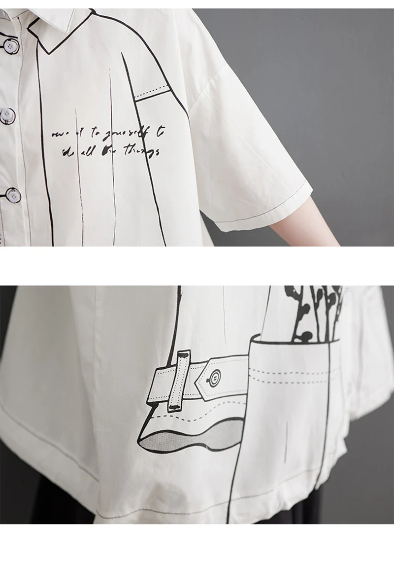 White Cotton Oversized Vintage Print Shirt Women New Drawstring Short Sleeve Loose Casual Blouse Top Fashion Clothes Summer 2026