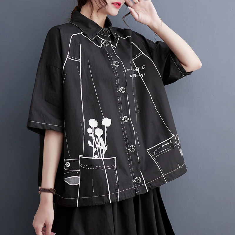 White Cotton Oversized Vintage Print Shirt Women New Drawstring Short Sleeve Loose Casual Blouse Top Fashion Clothes Summer 2026
