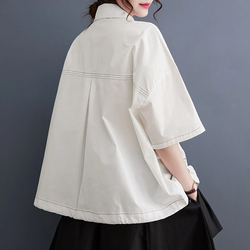 White Cotton Oversized Vintage Print Shirt Women New Drawstring Short Sleeve Loose Casual Blouse Top Fashion Clothes Summer 2026