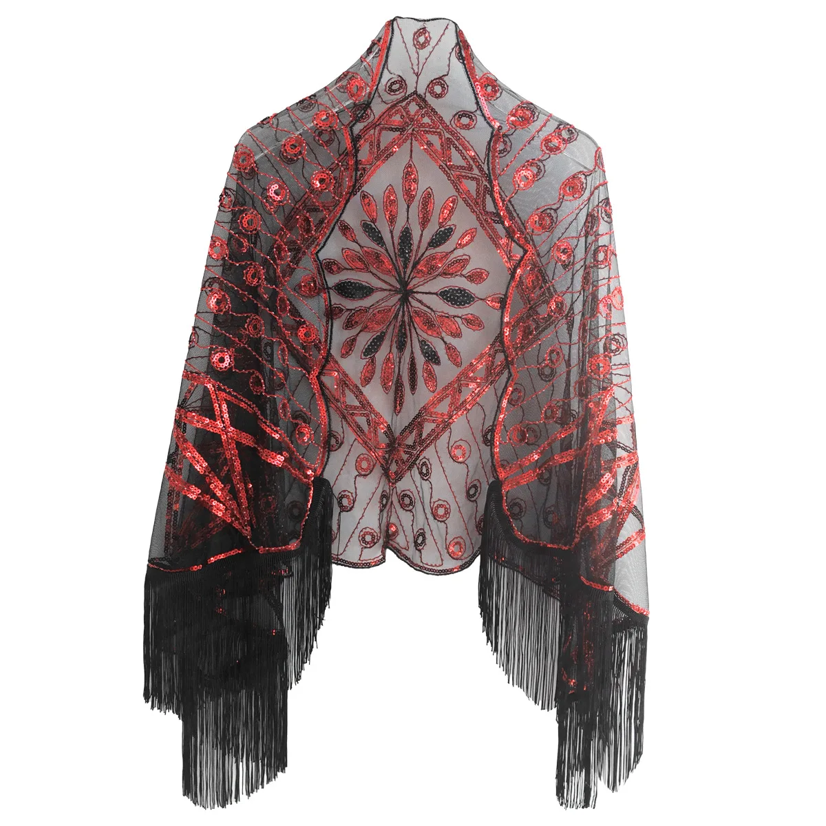 Women Ladies Retro Shawl Vintage 1920s Shiny Sequin Beads Fringe Tassel Cape Evening Dresses Cover Up