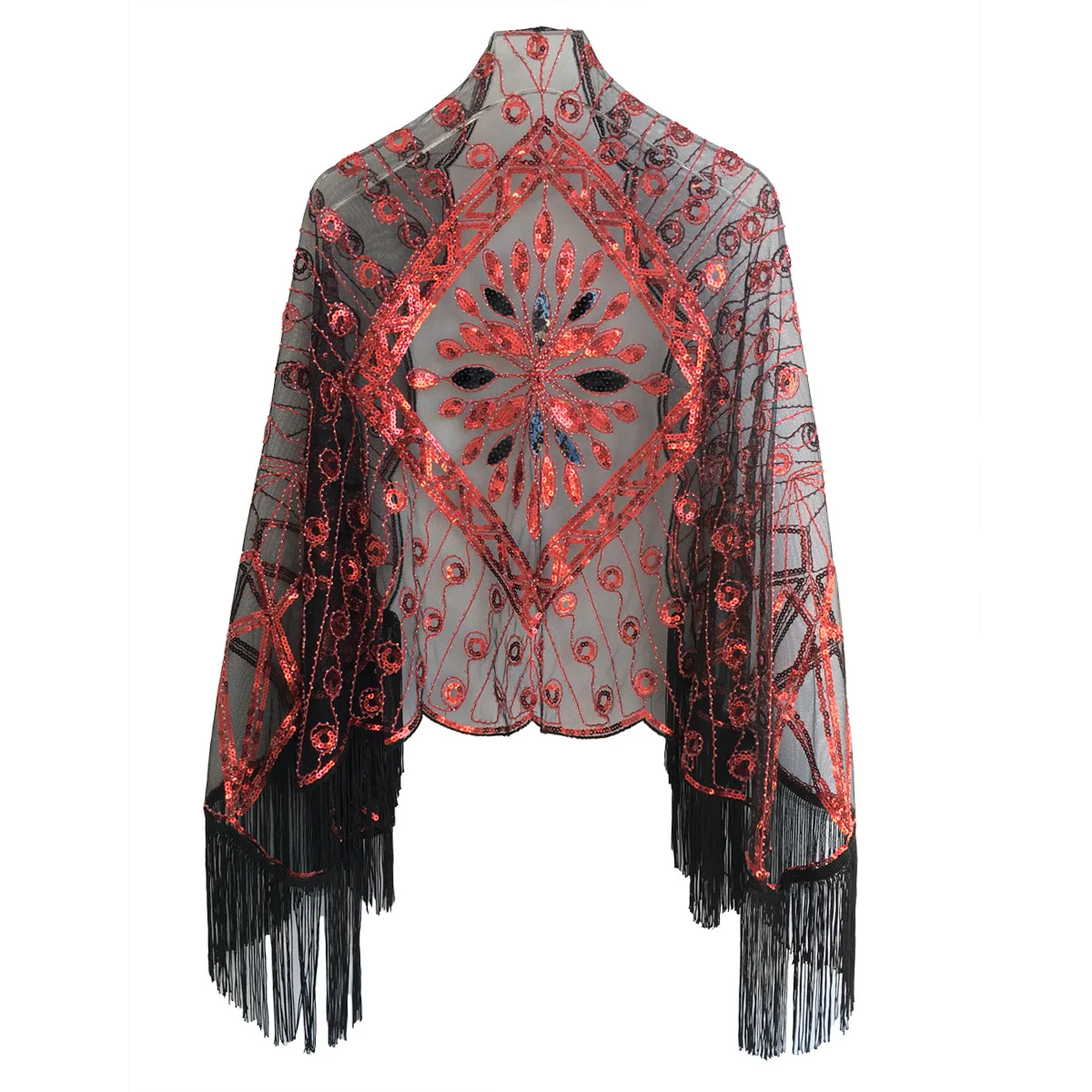 Women Ladies Retro Shawl Vintage 1920s Shiny Sequin Beads Fringe Tassel Cape Evening Dresses Cover Up